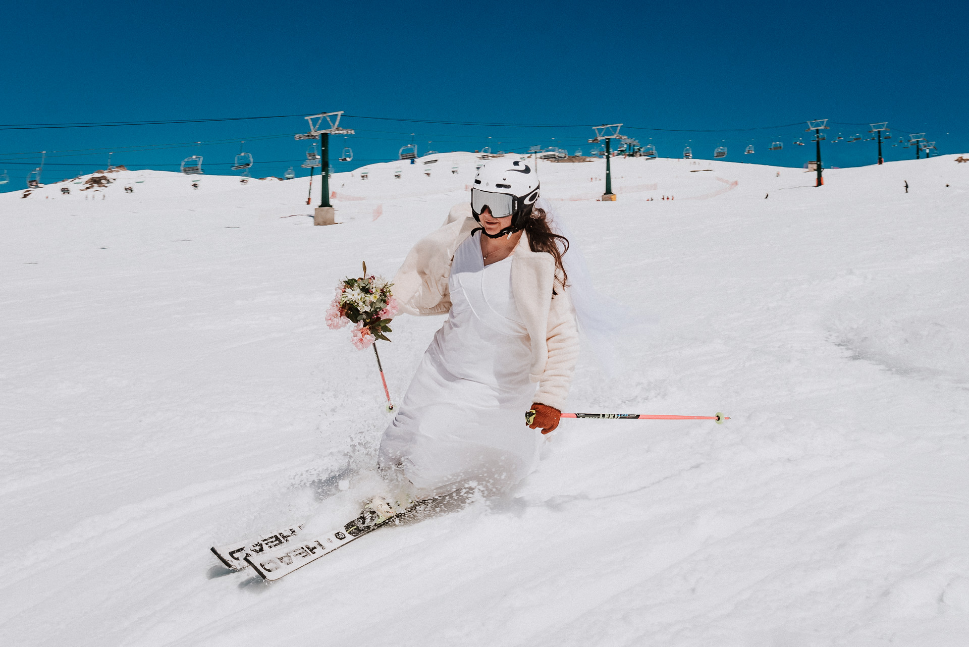 bride skiing winter sports patagonia